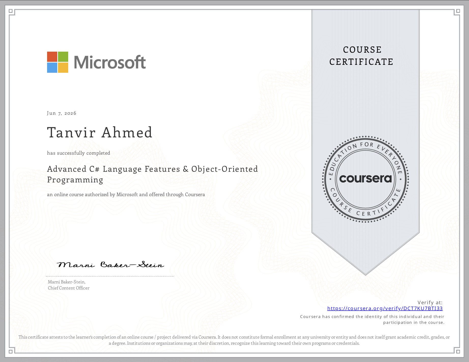 Certificate preview for Advanced C# Language Features and Object-Oriented Programming by Microsoft.