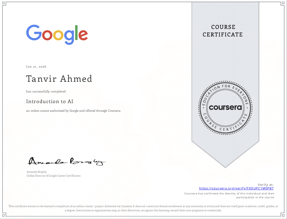 Certificate preview for Introduction to AI by Google.