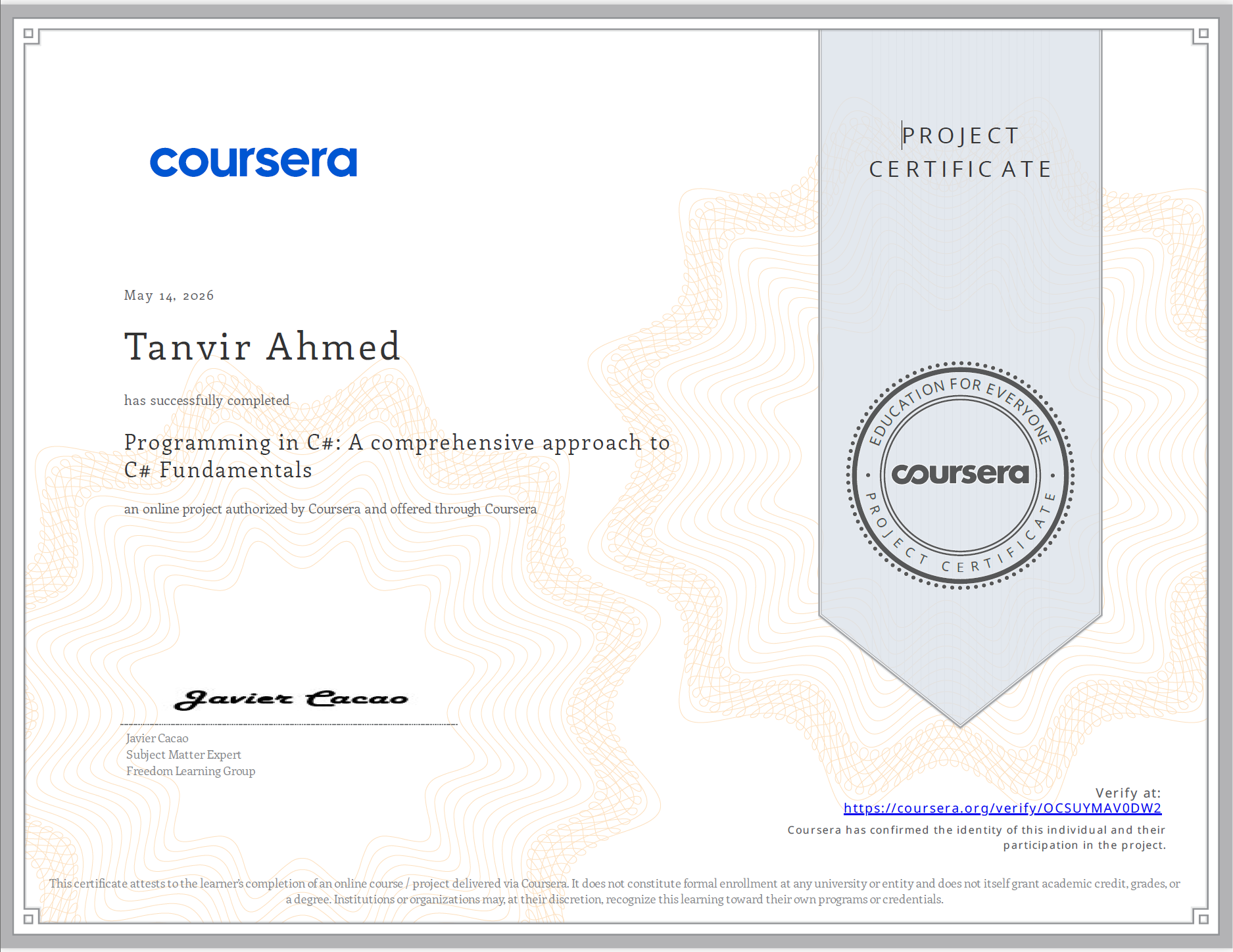 Certificate preview for Programming in C#: A Comprehensive Approach to C# Fundamentals on Coursera.