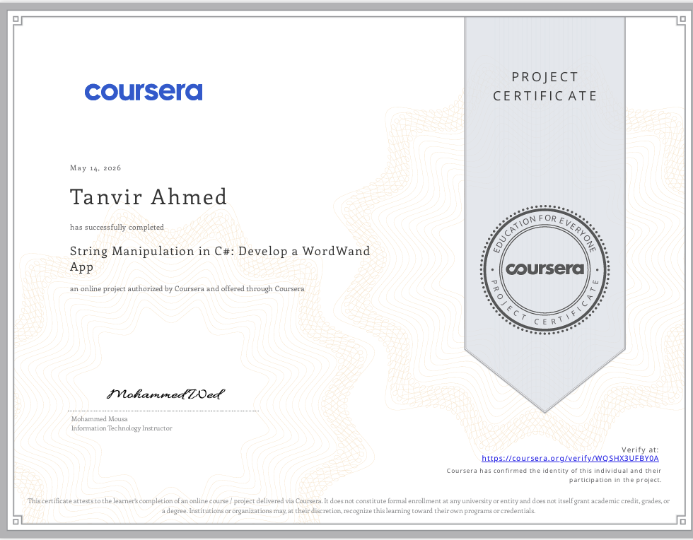 Certificate preview for String Manipulation in C#: Develop a WordWand App on Coursera.