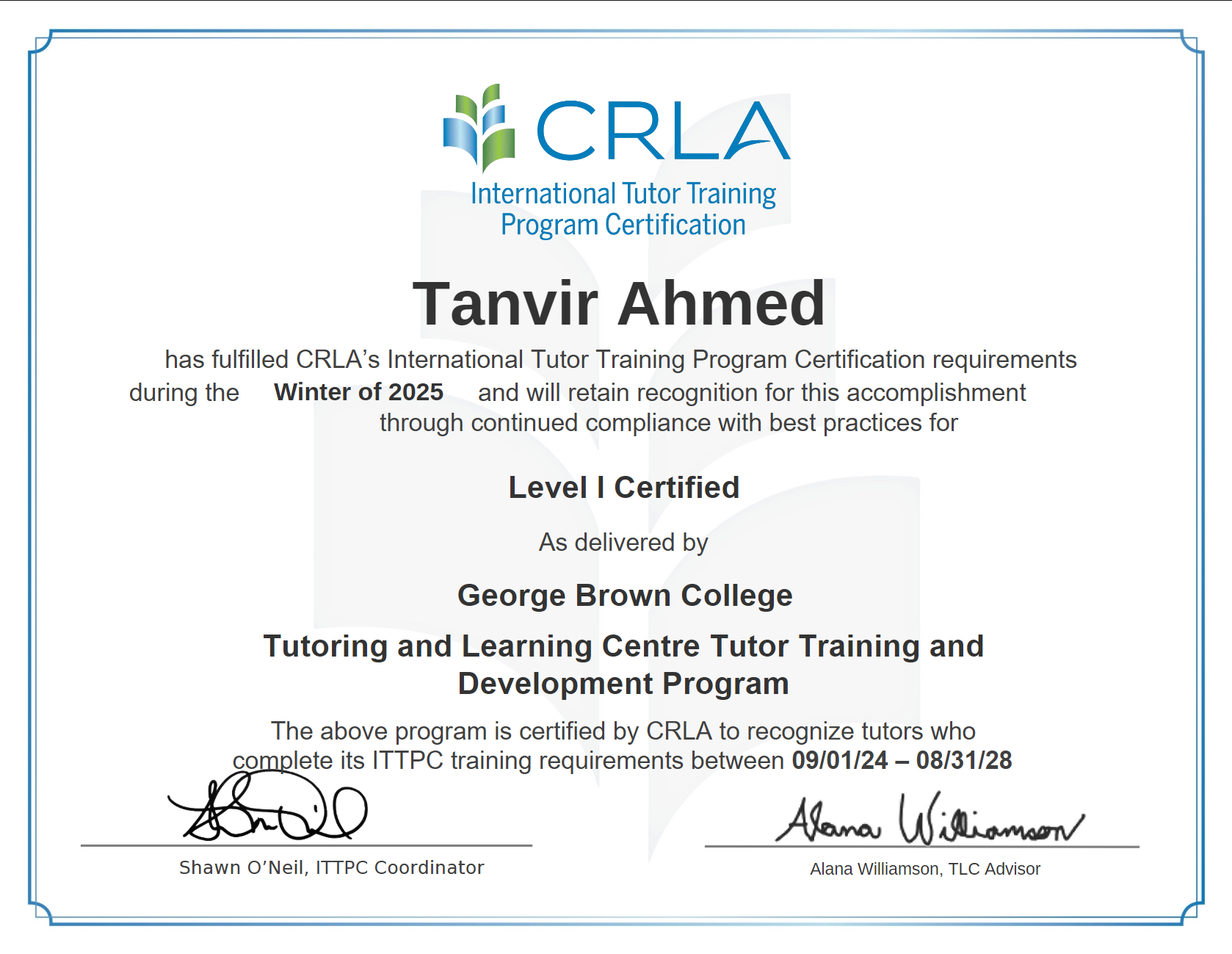 Certificate preview for International Tutor Training Program Certification Level I Certified.