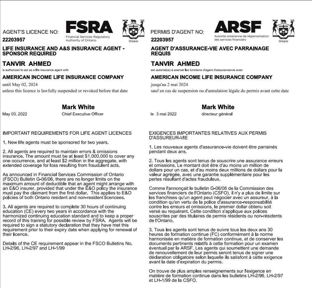 Licence image for Life Insurance and A&S Insurance Agent issued by the Financial Services Regulatory Authority of Ontario.