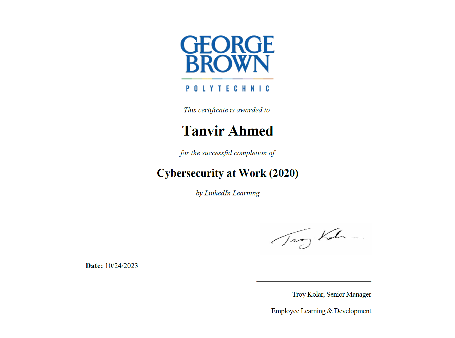 Certificate preview for Cybersecurity at Work 2020.