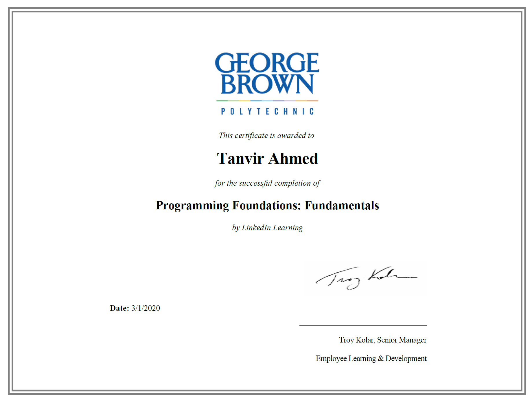Certificate preview for Programming Foundations Fundamentals.