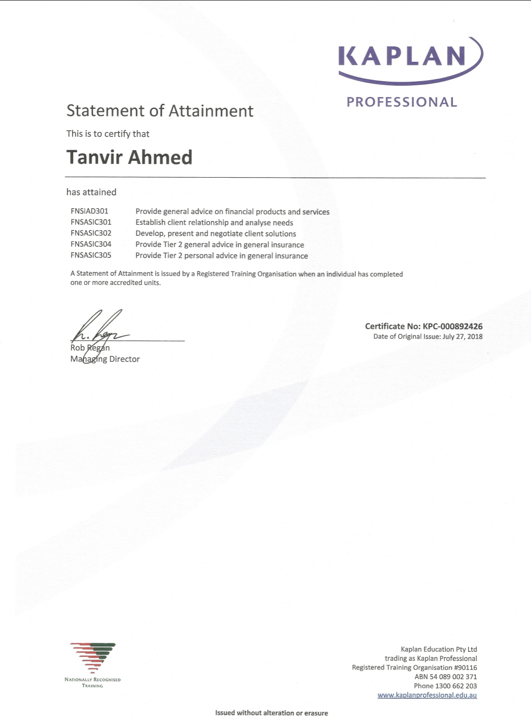 Statement of Attainment certificate from Kaplan Professional covering financial services and insurance advice.