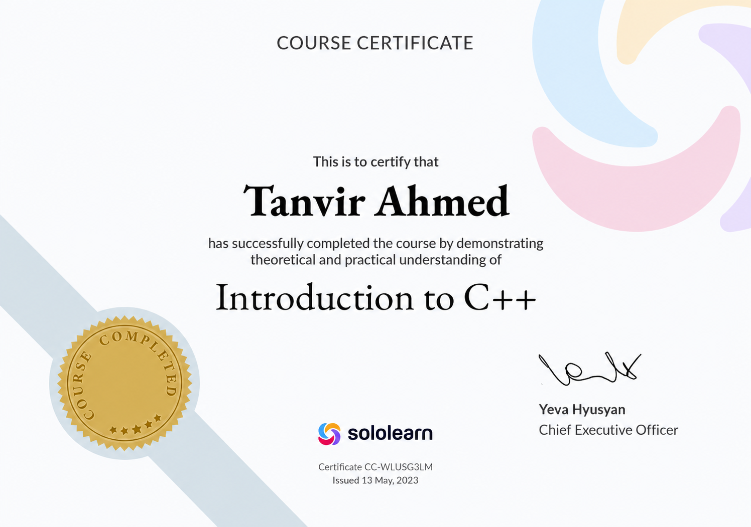 Certificate preview for Introduction to C++ by SoloLearn.