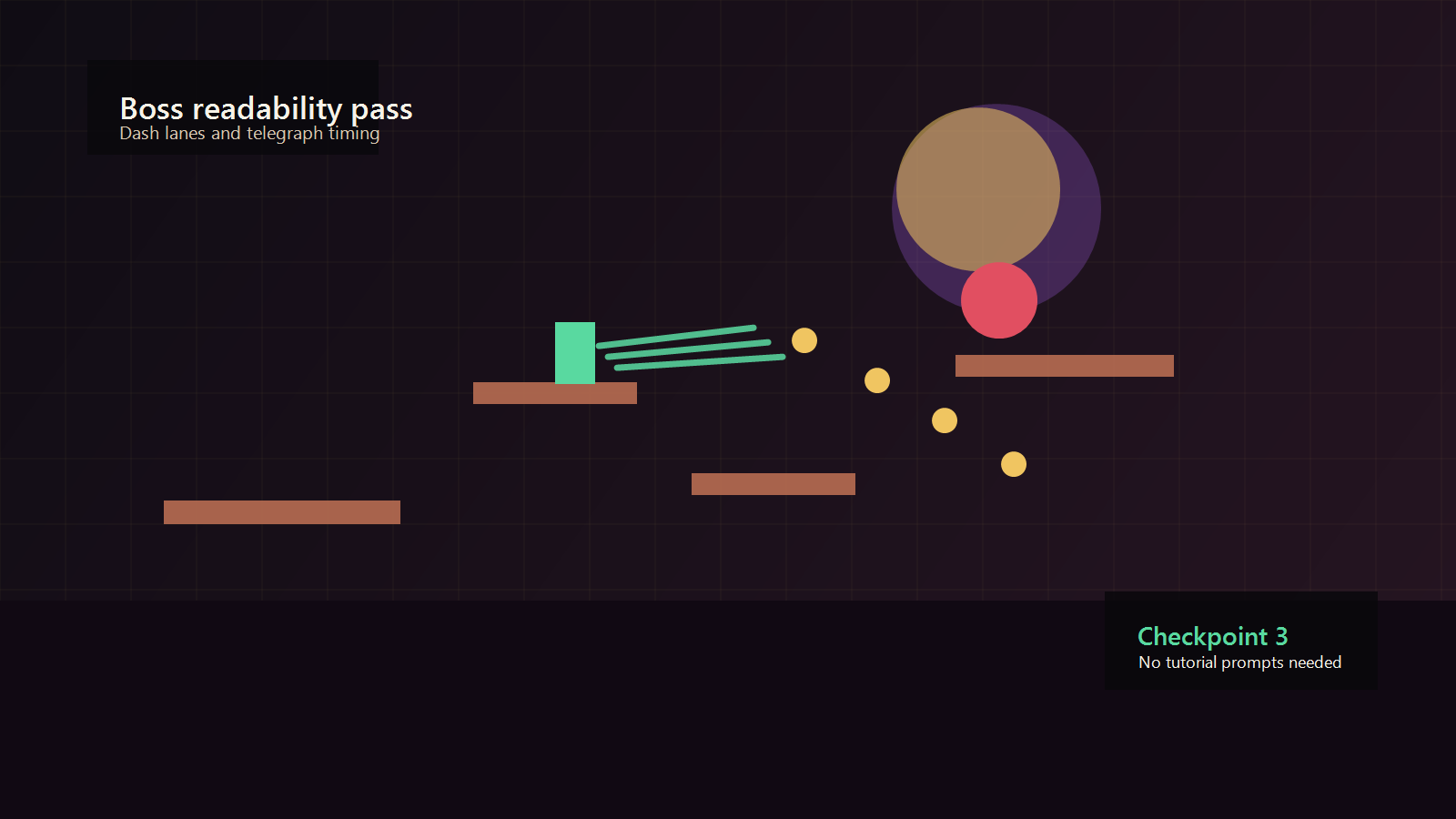 Ritual Runner boss arena with projectiles, moonlit background, and player dash trail.