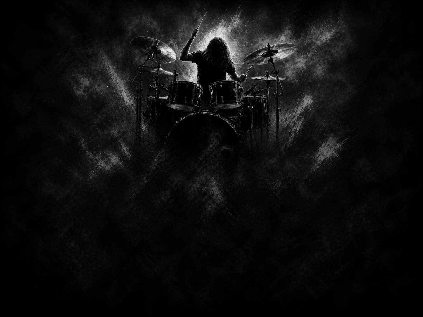 Long-haired drummer playing a large drum kit in a monochrome heavy-metal atmosphere.