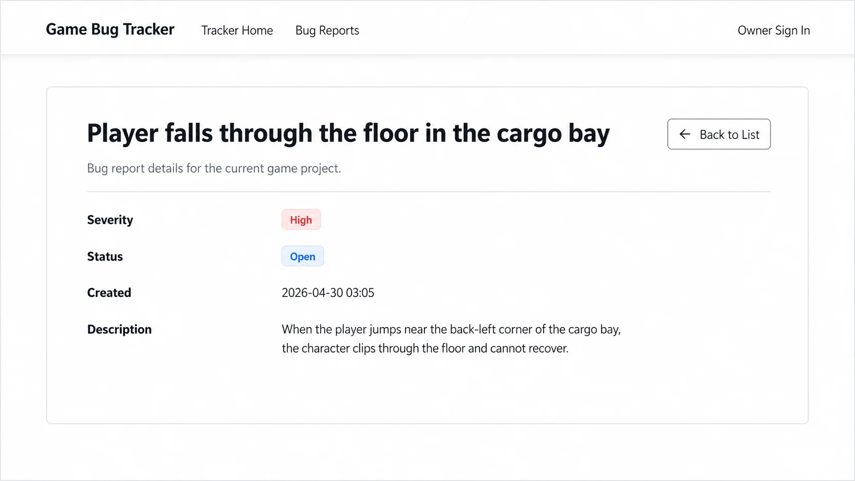 Game Bug Tracker bug details page showing severity, status, created date, and full description.