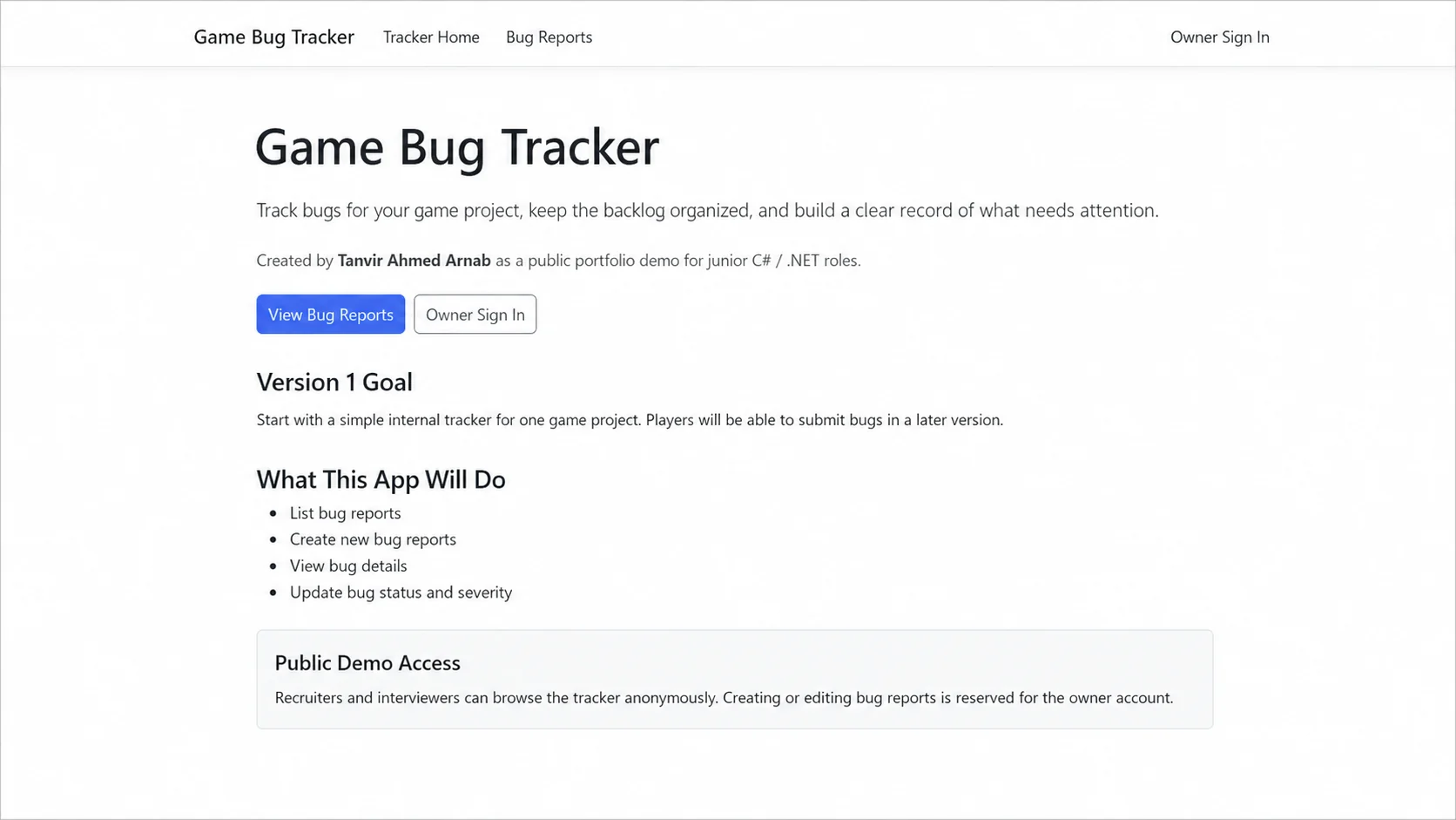 Featured Game Bug Tracker screenshot showing the public demo home page with primary actions and version-1 explanation.