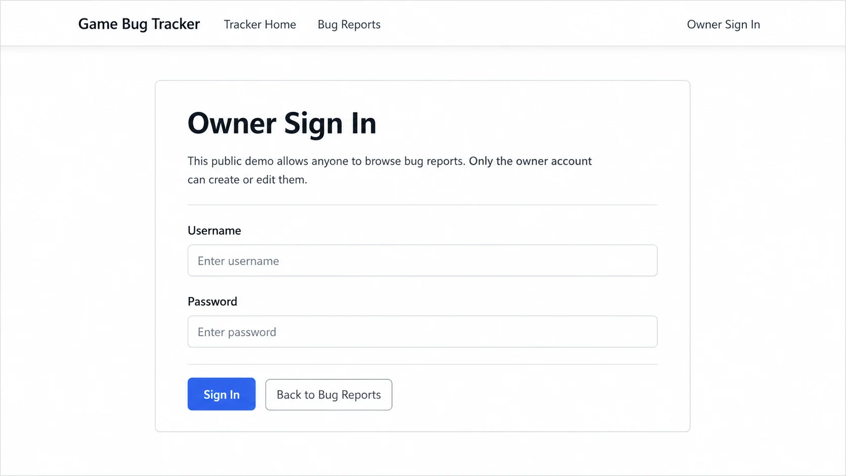 Game Bug Tracker owner sign-in page explaining that public visitors can browse while only the owner can create or edit reports.